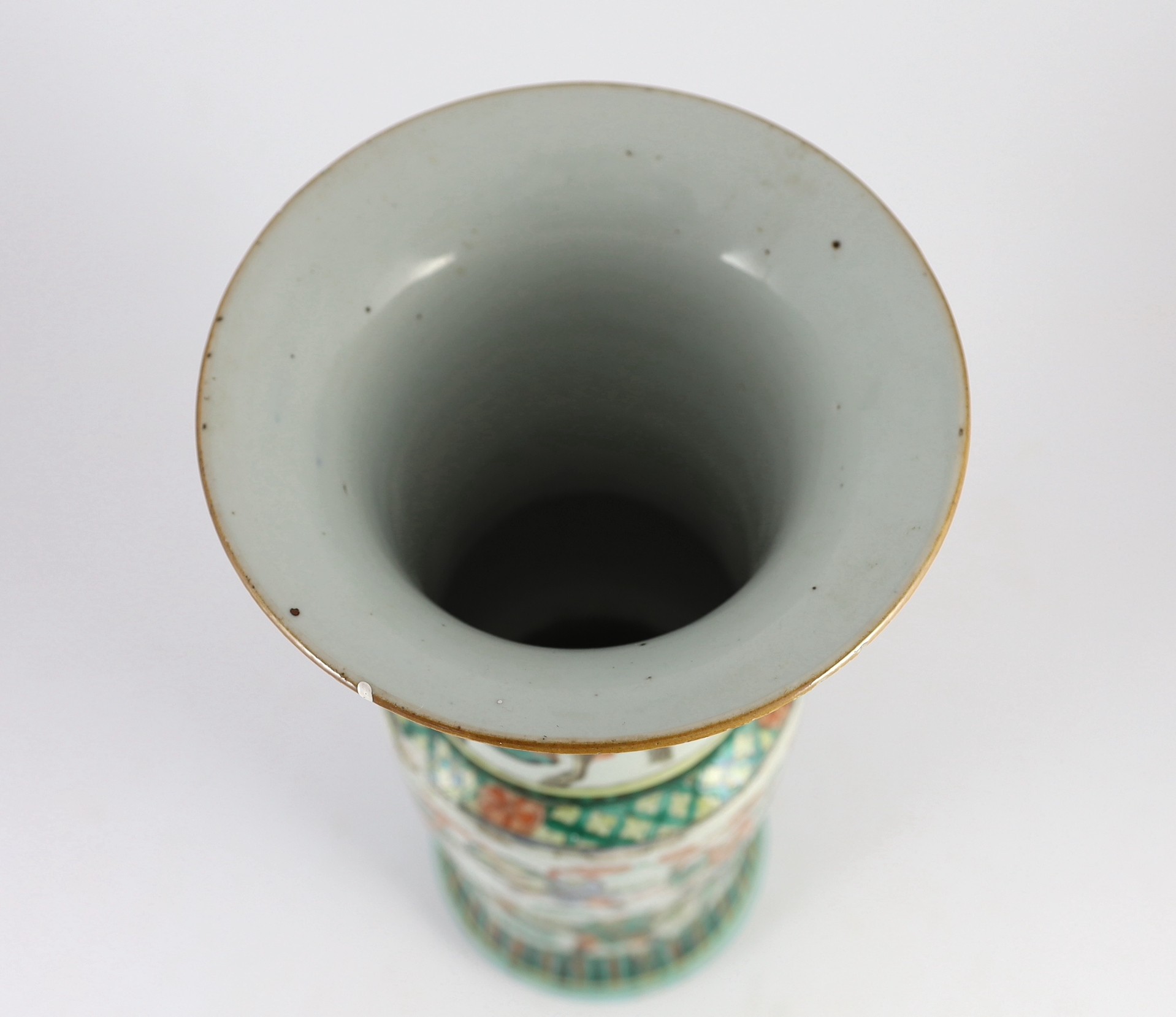 A Chinese famille verte beaker vase, gu, 19th century, 45cm high, glaze losses and damage to base